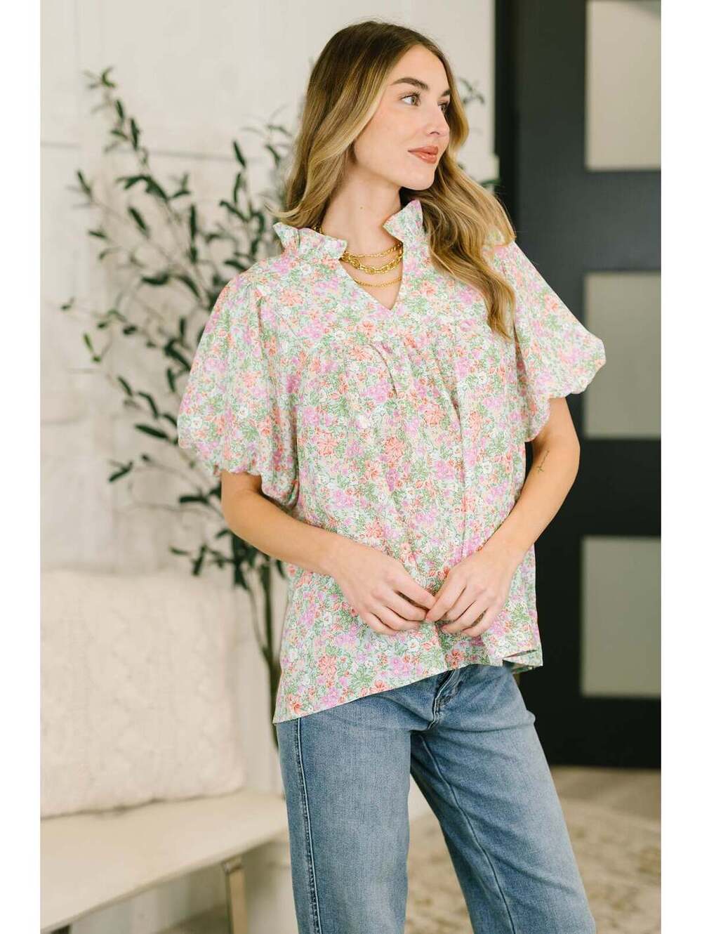 Flower Picking Notch Neck Blouse